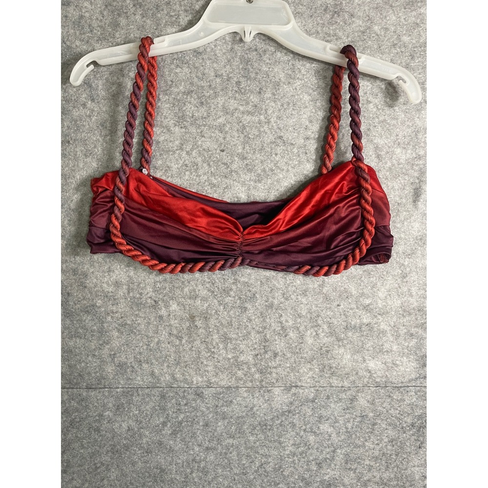 Two Tone Red and Burgundy Ruched Bikini Top with Twisted Rope Straps